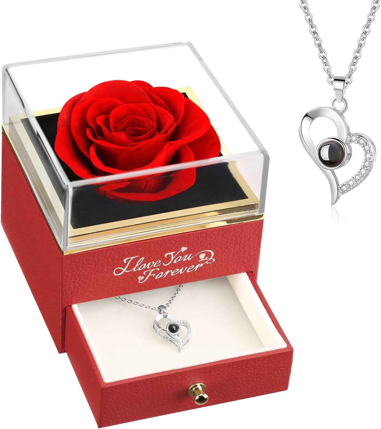 Valentines Day Gifts for Her, Preserved Real Rose with I Love You Necklace, Valentines Day Gifts for Mom Wife Girlfriend, Anniversary or Birthday Gifts for Women