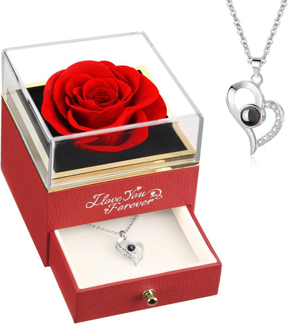 Valentines Day Gifts for Her, Preserved Real Rose with I Love You Necklace, Valentines Day Gifts for Mom Wife Girlfriend, Anniversary or Birthday Gifts for Women